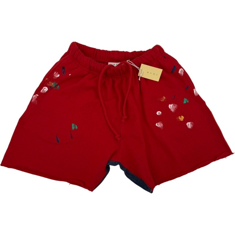 MNML NEW Small Contrast Sweatshorts Red Paint Splatter Distressed Artsy‎ Comfort
